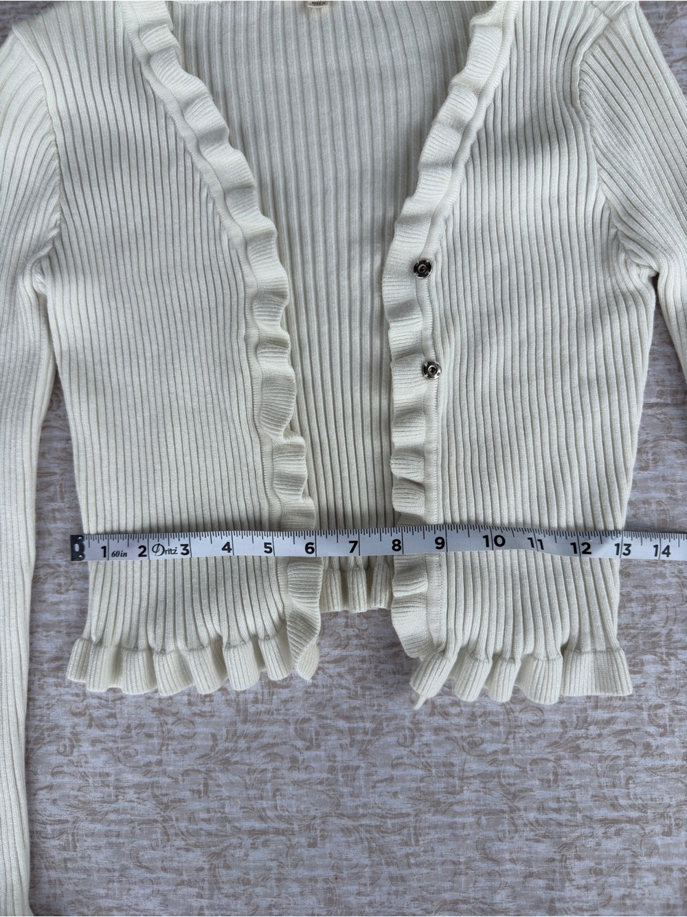 Mable White Ribbed Ruffle Cardigan Sweater Soft Feminine Knit - Picture 5 of 7